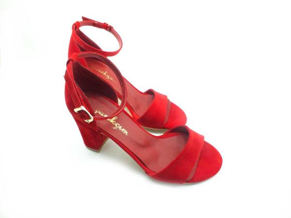 Çarıkçım Tek Bantlı Topuklu Kadın Ayakkabı - Kırmızı-Süet - 08