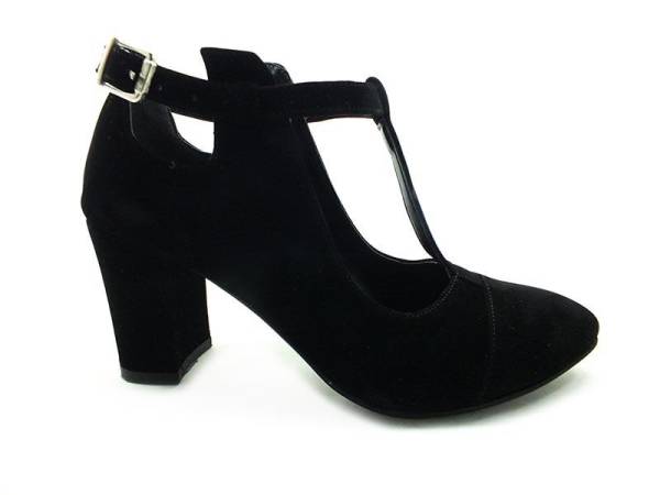 Çarıkçım Topuklu T-Banlı Bayan ayakkabı xSiyah-Süet 61 820