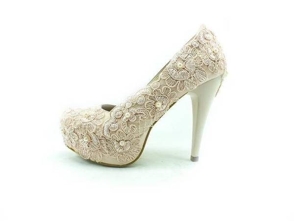 Topuklu Platform Bayan Ayakkabı - Pudra-Dantel - 1816