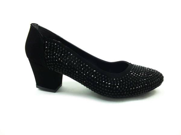 Topuklu Taşlı Bayan Ayakkabı - Siyah-Süet - 8670
